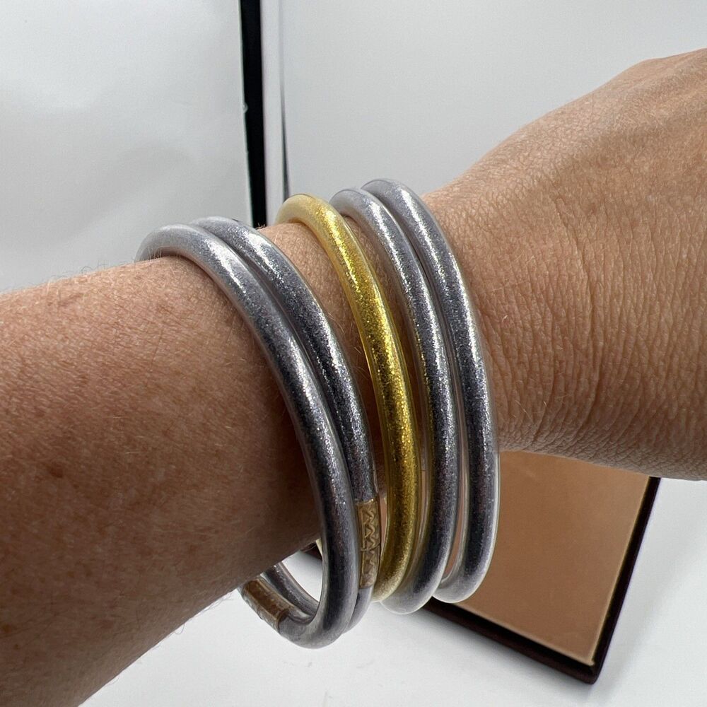 Buddha girl Stackable Gold & Gun Metal Silver Bangle 5 Jelly Bracelets Size 8L